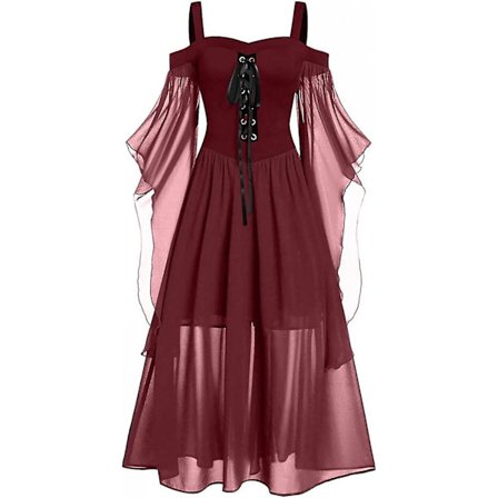 Maxiklänning med fjärilsärm för damer, medeltida punk-gotiska kläder, sexig Halloween-kostym, klänningar med bar axel och korsett