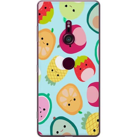 Kompatibelt Mobildeksel til Sony Xperia XZ3 Mønster av kawaii-frukter som jordbær sitron ananas og avocado på lyseblå bakgrunn