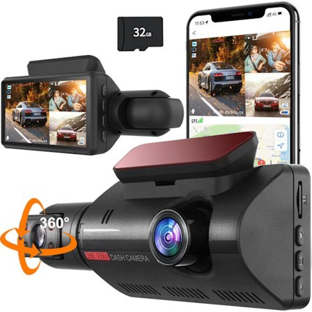 360° Dashcam, 2-kanals Dashcam til Biler, 1440P Dashcam Foran og Indvendigt, 3” Skærm, 170° Bred Vinkel, WDR, 24H Parkering, Gratis 32GB SD-kort