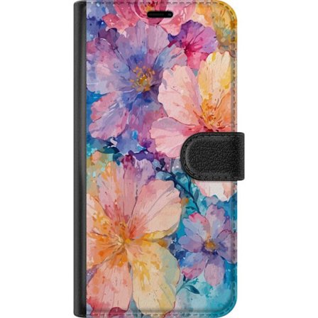 Yhteensopiva Lompakkokotelo Asus Asus Zenfone 10 Vesivärimaalaus suurilla kukilla vaaleanpunaisissa, sinisissä ja keltaisissa sävyissä pehmeässä