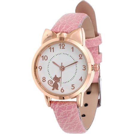 Jenteklokker, Analog Kvarts Klokke med Lærreim, Søt Katteklokke for Jenter Barn