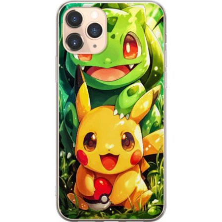 Apple iPhone 11 Pro Gennemsigtig cover Pikachu og Bulbasaur sidder tæt sammen i et soloplyst skovlandskab og spreder varme, venskab og charme med sto