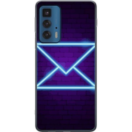 Kompatibelt Mobilskal till Motorola Motorola Edge 20 Pro Neonillustration av kuvert i blått ljus mot lila tegelvägg, modern symbol för meddelanden