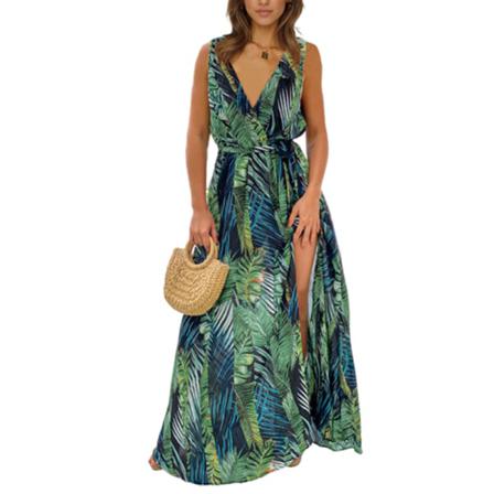 Summer Women Sling Blommig Lång Klänning Boho V-neck Ärmlös Par