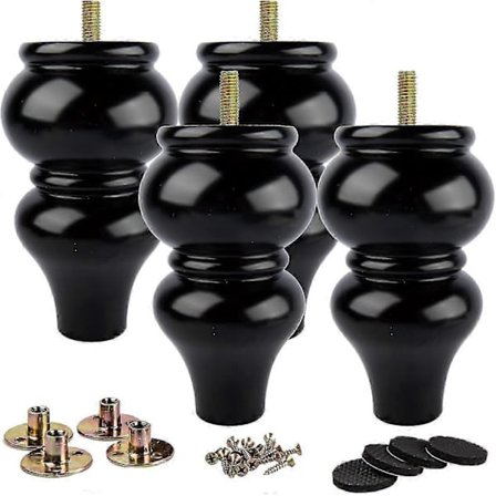 15 cm trämöblerben från La Vane, 4-pack, svart massivt trä med förborrade M8-bultar och monteringsplatta