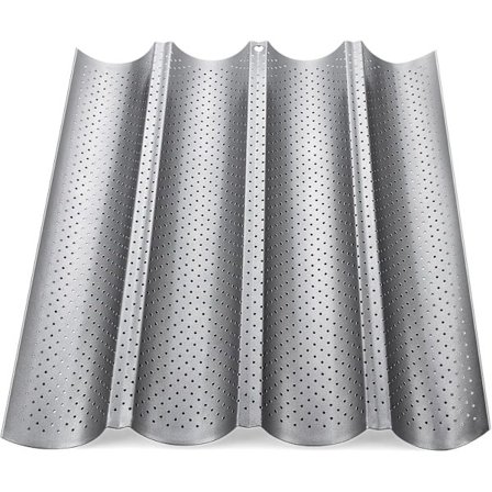 Baguette Bageplade Perforeret Form til Franske Brød, Plads til 4 Baguetter (Sølv)