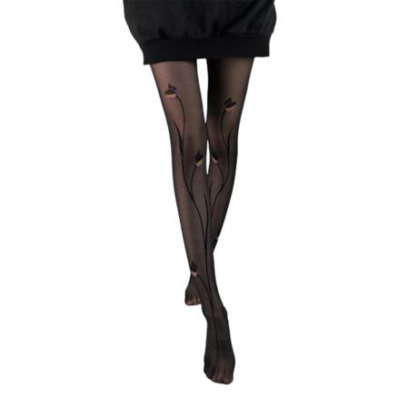 Dam Vintage Ultra-Tunn Svart Silkeslen Strumpbyxor Sexig Kontrast Färg Förtrollande Svart Rose Jacquard Mönstrade Tights Bottom Leggings Strumpor