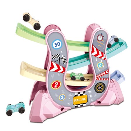 Barnbilbana med 4 Bilar & Parkeringsplats, Klicka Klack Spår för Förälder-Barn Interaktiv Leksak, Pedagogisk Present till Pojkar & Flickor