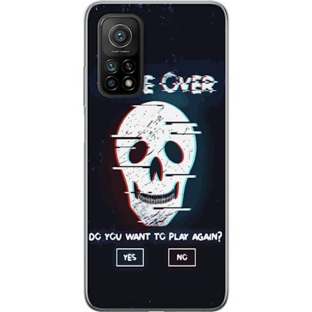 Yhteensopiva Puhelinkuori Xiaomi Mi 10T Pro 5G Game Over-motiivi, jossa on glitch-efekti ja valkoinen pääkallo tummaa taustaa vasten, sekä tekstejä ja