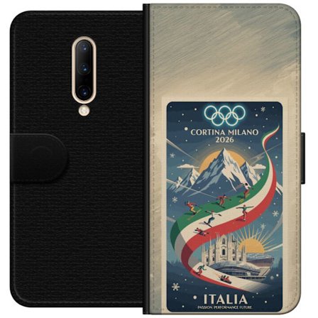 Kompatibel Tegnebogsetui til OnePlus 7 Pro Skitse med skiskytteudøver der sigter med riffel på en snebaner, teksten Milano Cortina 2026 og de olympisk