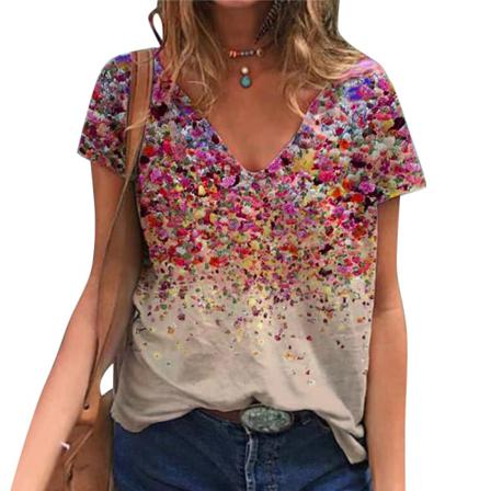 Sommar Dam V- Print Kortärmad Blus T-shirt