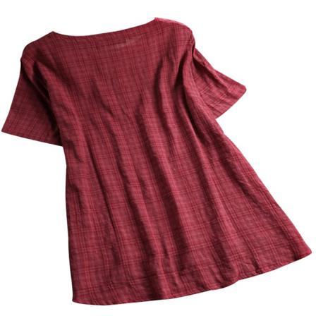 Rutig T-shirt Dam Sommarknappar Kortärmad Blus Lös Topp,