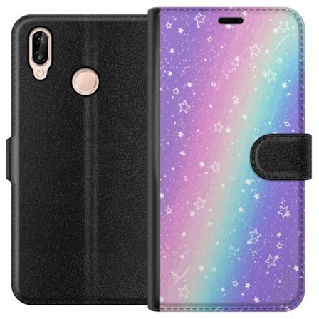 Kompatibel Tegnebogsetui til Huawei P20 lite Rainbow-farvet pastelbaggrund med hvide stjerner og glitrende prikker i blød overgang