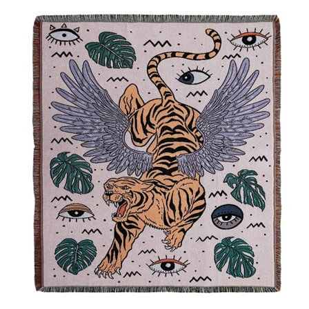 1 stk. 160x130cm strikket tiger plaid tæppe dekoreret med frynser