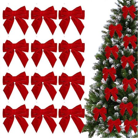 12 stk. fløyelsløyfer til juletre, røde sløyfer julepynt
