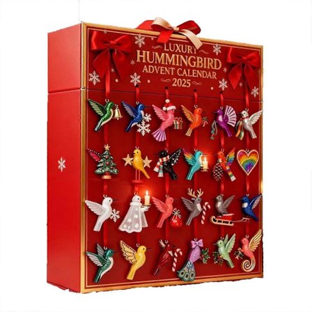 Kolibri Joulukalenteri 2025, 24 päivän lintu joulukalenteri, 2D akryyli joulunajan sisustus värikkäille joulukuusen riippukoristeille Hol