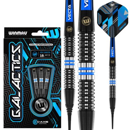 Winmau Galactics Soft Tip Darts 18g 90% Tungsten Steel Tip - Professional Darts Set Blue/Black/Silver C-Axis Control