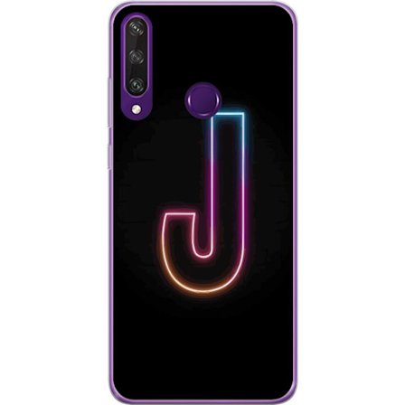 Kompatibel Mobilcover til Huawei Huawei Y6p Minimalistisk neonbogstav J i farveskiftende lys mod sort baggrund