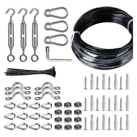 Udendørs lyskæde ophængningssæt, 61 m rustfrit stål (304) ophængningsreb kabel, sort vinylbelægning