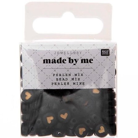 Runda akrylpärlor - Hjärta - Svart och Guld - 7 mm - 165 st