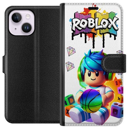Kompatibelt Plånboksfodral till Apple Apple iPhone 15 Plus Färgstark Roblox-illustration med spelkaraktär, leksaker och energi, perfekt för spelen