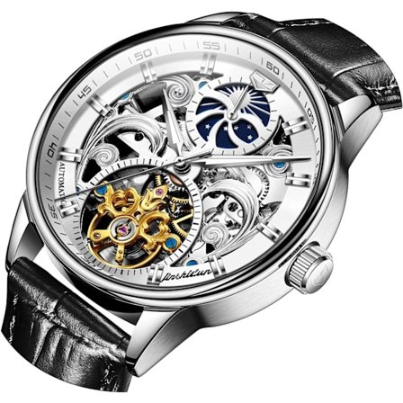 Herre skjelettklokke Luksuriøs dress svart lær sølv gull Tourbillon Månefase automatisk mekanisk selvtrekkende vanntett lysende armbåndsur...