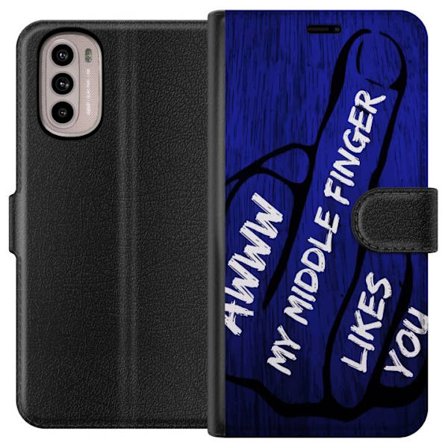 Kompatibelt Lommeboketui til Motorola Moto G31 Mørk typografisk illustrasjon med hjerteform og budskap om vennskap mot dyp blå tretekstur