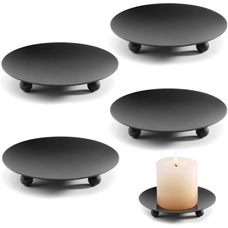 Rund Metall Ljusstake Bricka Set om 4 Ljusstake Bricka Svart Traditionell Pelarljus Bricka för Bröllop Kyrka Dekorativa Ljusstakar