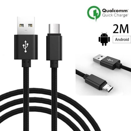 Micro USB ladekabel - Samsung - Galaxy - 2M - Nylon Sort - Kompatibel med Android