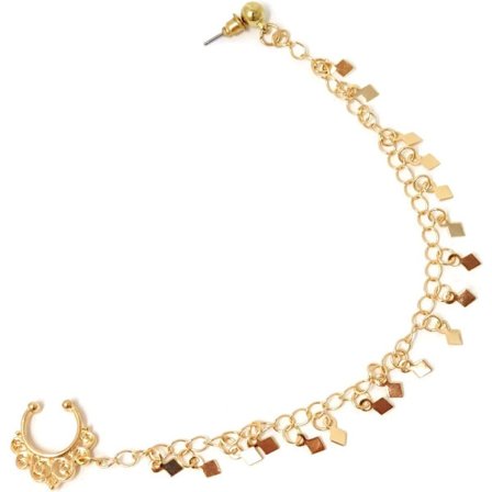 Kroppssmycken Falsk Septum Ring Icke-Piercing Näsringar med Kedja Näsa till Öronkedja (Guld)
