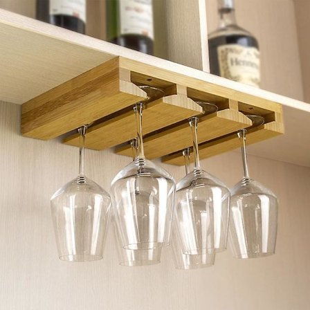 Vinställ i bambu för 6 vinglas, hängande ställ för vinglas, under skåpmonterad torkställ för vinglas, förvaringshängare