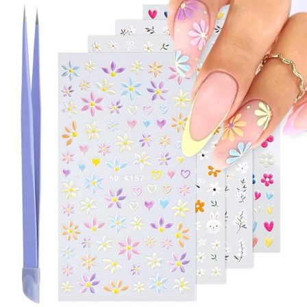 Blomster Nail Art Stickers, Embossed Nail Decals Nail Art Design Selvhæftende Negle Tilbehør med Neglepincet