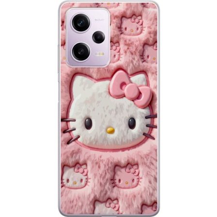 Kompatibelt Mobildeksel til Xiaomi Redmi Note 12 Pro Hello Kitty rosa fluffy bakgrunn med ikoniskt ansikt og kawaii-estetikk