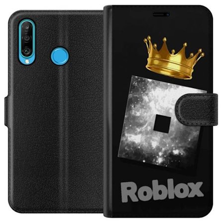 Kompatibel Tegnebogsetui til Huawei Huawei P30 lite Minimalistisk sort og sølvfarvet Roblox-symbol med gylden krone og luksuriøs gamer-æstetik på