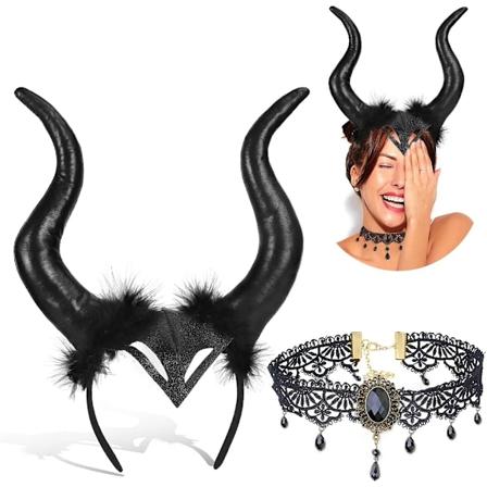 Justerbar Gothic Horn Pandebånd og Blonder Hals Wicked Witch Kostume Cosplay Tilbehør til Kvinder-1