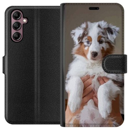 Yhteensopiva Lompakkokotelo Samsung Galaxy A14 5G Söpö pentu - Pörröinen pentu sinisillä silmillä lähikuvassa