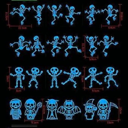 SZTXJ 24 Stycken Halloween Självlysande Klistermärken Självlysande Fönsterdekaler Nattlysande Klistermärken Blu-ray Dödskalle Väggdekaler 