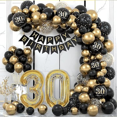 30-årsfest Dekorationer för Kvinnor, Grattis på Födelsedagen Girlang Ballong Svart Guld Dekoration (FMY)