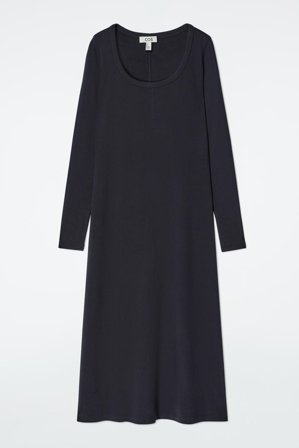COS Femme Robe Midi En Jersey Côtelé Dress in Bleu