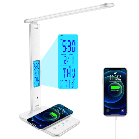 Bordlampe med trådløs lader, USB-ladeportlampe, dimmebar klokke, alarm, temperatur, sammenleggbar bordlampe White UK Plug