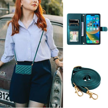 Fodral för iPhone 16PRO Grön [med kort rep + crossbody-rep] ins Flip Plånbok med Korthållare Crossbody-rem