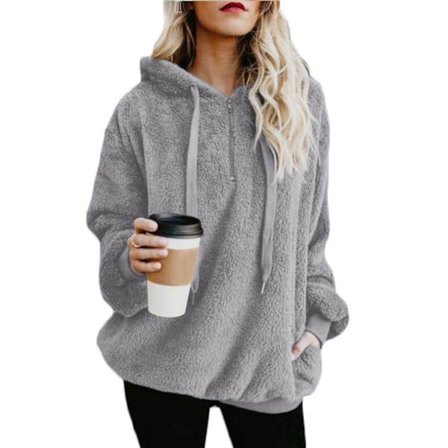 Mjuk och fluffig sweatshirt för kvinnor, höst och vinter, varm dragkedja upp huvtröja pullover med