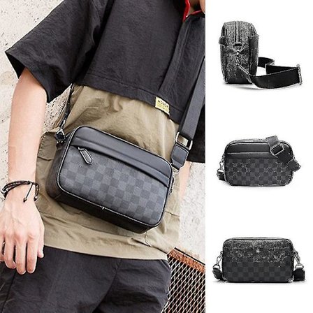 Herre Casual Rutete Skulder Bag Lær Crossbody Pung Justerbar Rem Messenger Bag