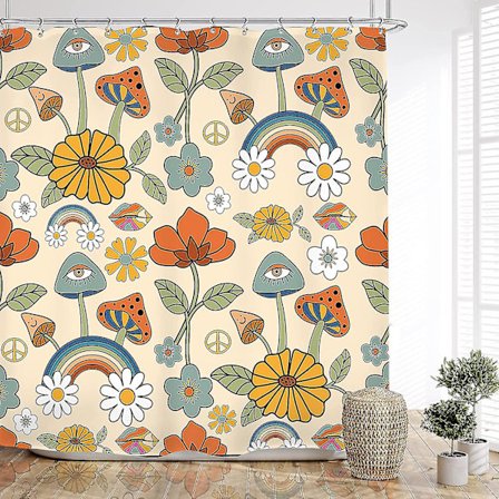Boho Svamp Duschdraperi Set Retro Trippy Badrumsdekoration Gul Orange Blomma Blommig Rolig Söt Bohemian Hippie Rustik 60wx72l Tum Badtillbehör