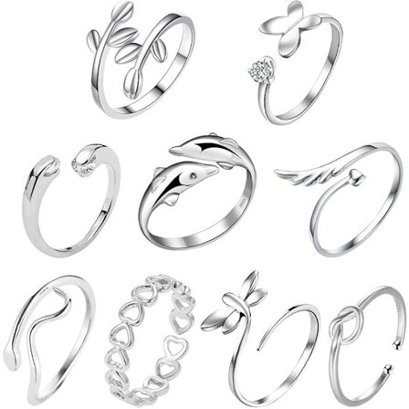 9st Silver Justerbara Ringar Set Knuten Justerbar Finger Ring Led Ring Tå Ring Strandsmycken Presenter för kvinnor Flickor