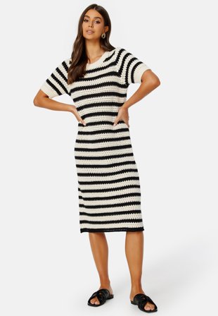 SELECTED Alby SS Long Knit Dress Birch Stripes:Black Klær