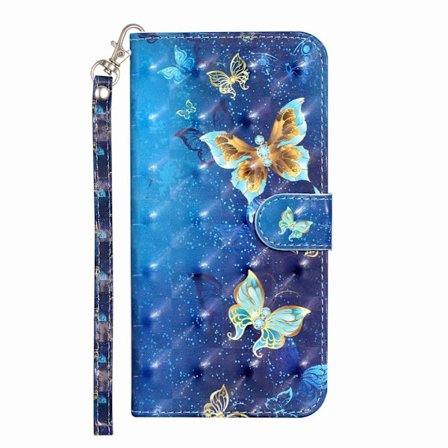 Kotelo Samsung S22:lle, sininen ja kultainen perhosmaalattu korttitasku nahkaa