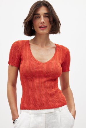 NA-KD - Strikket topp med korte ermer og pointelle - Strikketopper - Oransje - M