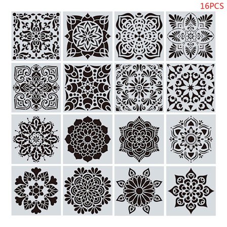 16 stk./sæt Mandala Stencils DIY Tegneskabelon Maleri Scrapbooking Papirkort