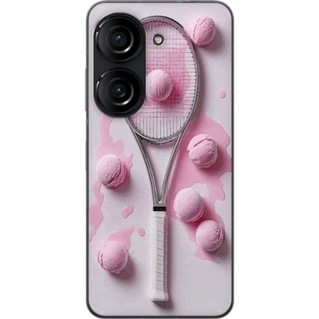 Kompatibel Mobilcover til Asus Asus Zenfone 10 Rosa glaskugler og tennisketsjer i et kreativt stillbillede med legende popfølelse og moderne design,